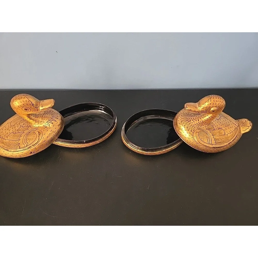 Pair of‎ Burmese Gold Gilt Lacquerware Ducks Trinket Boxes